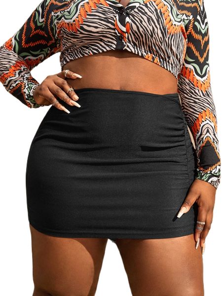 

sxy plus high waist ruched cut out bodycon skirt d4xc#, Black