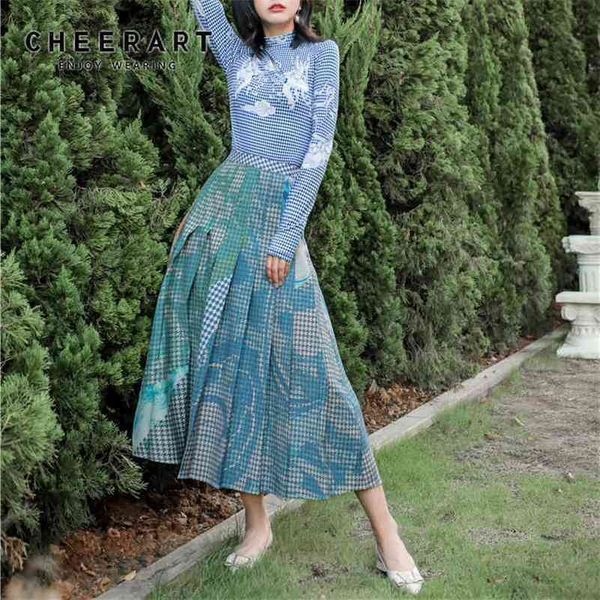 

cheerart fine arts print long pleated skirt women high waist houndstooth plaid long midi vintage skirt high fashion 210325, Black
