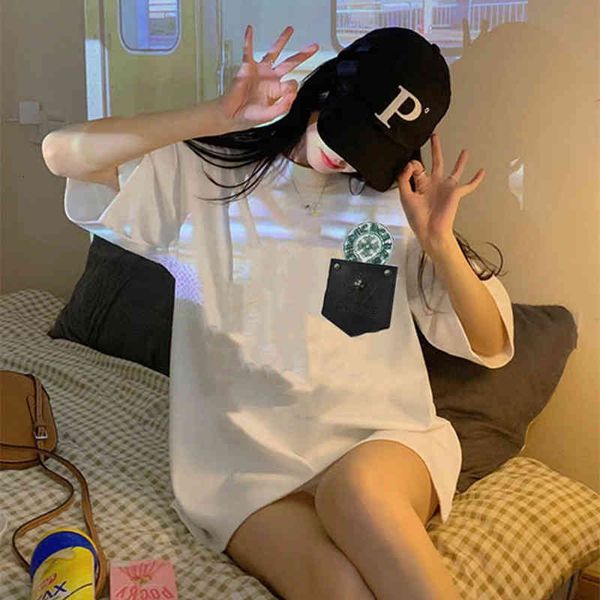 

women's t-shirt s summer ch women's leather pocket back green ghost horseshoe short sleeve t-shirt loose and versatile fashion, White