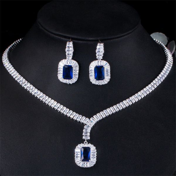 

fashion diamond tennis necklace earring designer jewelry set silver bridal african jewelry sets blue white aaa cubic zirconia woman wedding