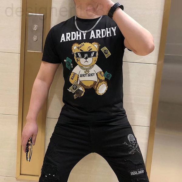 

men's t-shirts designer 2022 summer new trend slim fit casual fashion bear diamond net red short sleeve t-shirt men's half 4eah, White;black