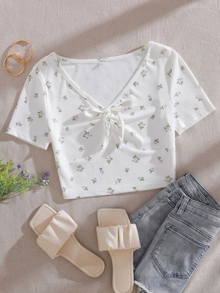 

floral print ruched bust tee z0me#, White