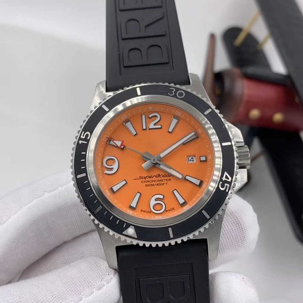 

1884 super-ocean 46mm orange dial stainless steel rotating bezel mens watch automatic mechanical rubber band watch luminous wristwatches, Slivery;brown