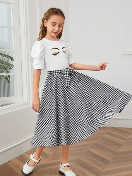 

girls puff sleeve & gingham skirt set she, White