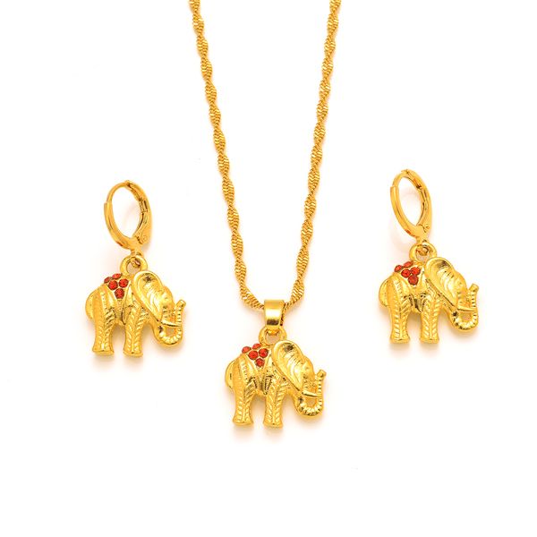 Simulierter Diamant Rubin Elefant OHRRINGE Anhänger Halskette SET 14k Gold GF