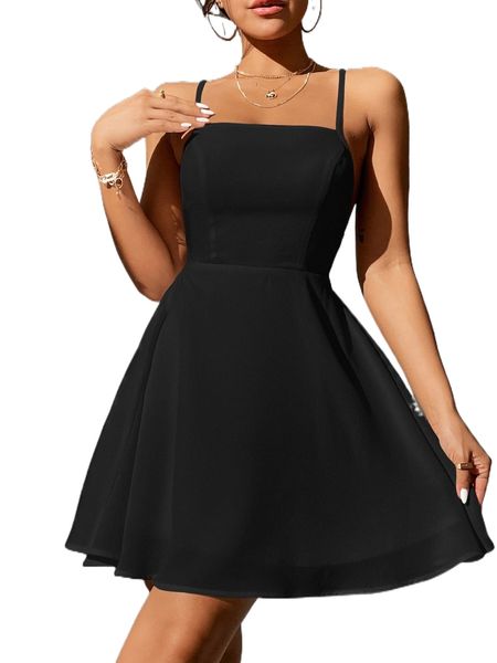 

petite criss-cross tie backless cami dress o55g#, Black;gray