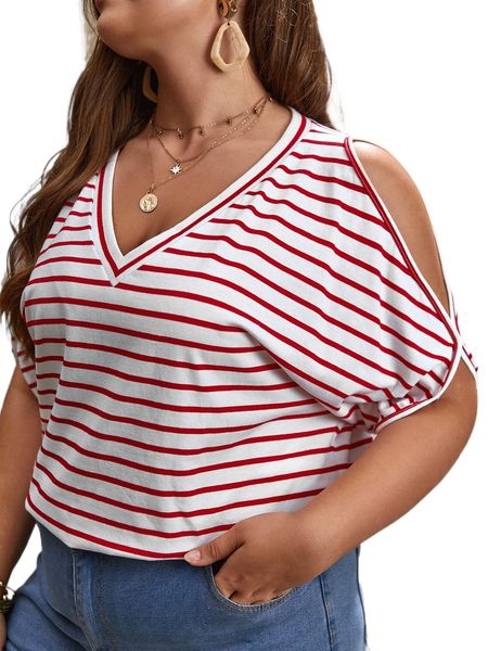 

plus striped v neck cold shoulder tee p8js#, Black