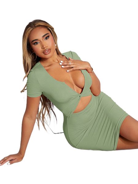 

sxy cut out twist front plunging neck bodycon dress a30e#, Black;gray