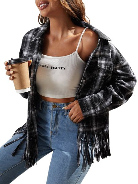 

plaid print drop shoulder fringe hem shirt c4r6#, White