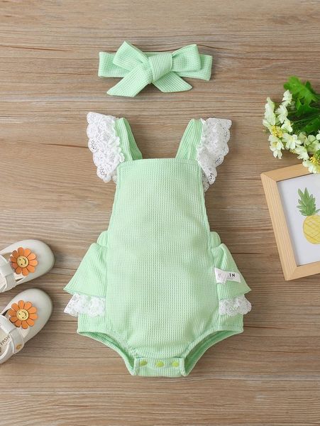 

baby girl stitched lace jumpsuit shorts and headband she, Blue