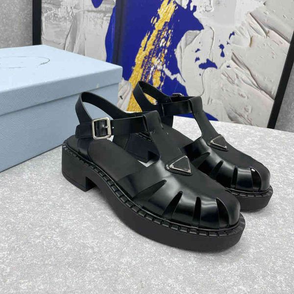 

and slippers spring summer cowhide hollow buckle back round head short heel thick gear bottom roman sandals women's shoes 2hcu, Black