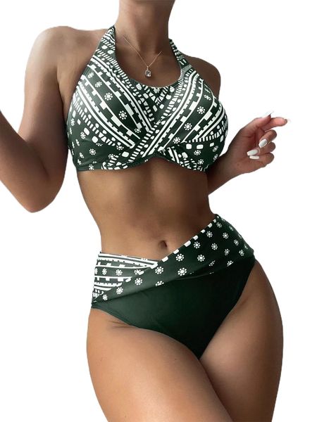 

allover print halter push up bikini swimsuit m9vg#, White;black
