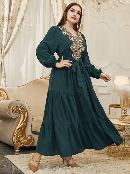 

plus embroidery lantern sleeve ruffle hem belted dress a5nt#, Black