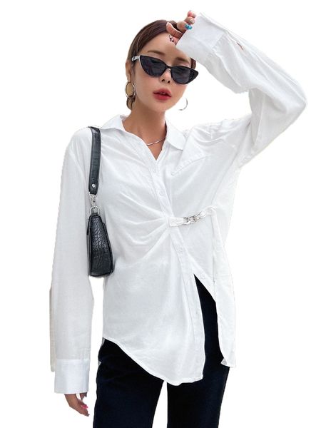 

dazy solid button front shirt 78hj#, White