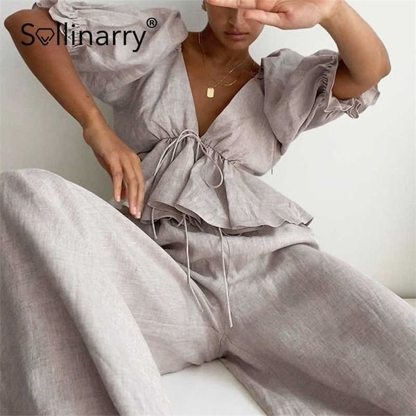 

sollinarry elastic bow sash ruffled crop high street casual puff sleeve women blouse summer deep v-neck solid lady 210709, White