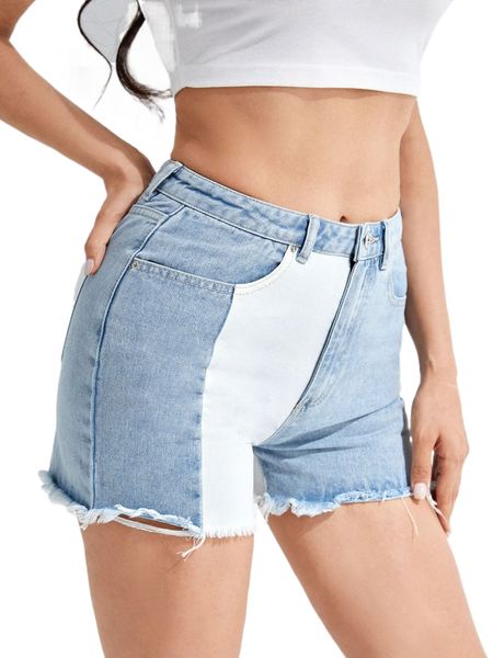 

color block raw hem denim shorts e5pw#, White;black