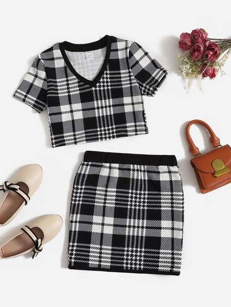 

sheen girls check print contrast piping and skirt she, White