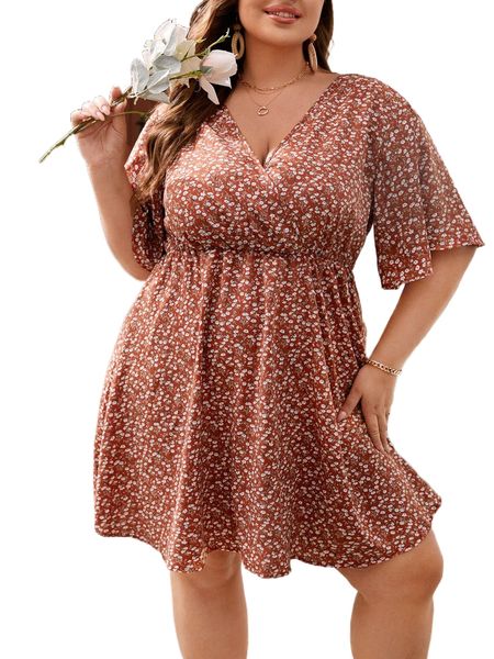 

plus ditsy floral butterfly sleeve tie back dress n2ea#, Black