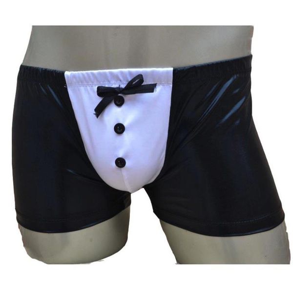 Unterhosen Sexy Herren Chef Maid Wet Look Boxershorts Schleife Knöpfe Beutel Unterwäsche Hipster Bikini Dessous für Ihn Fetisch Rollenspiel KostümUnde