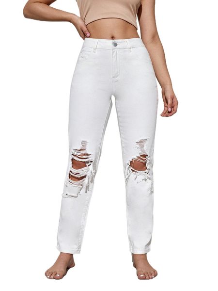 

high waist ripped straight leg jeans a93d#, Blue