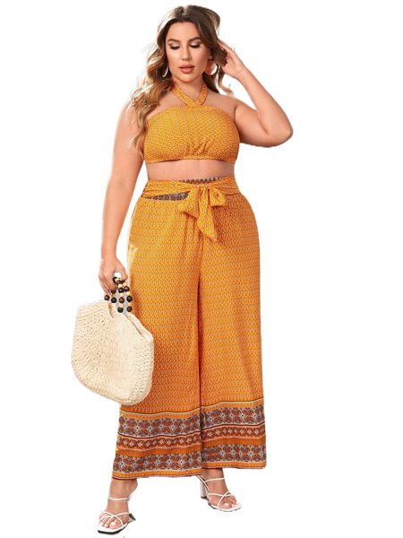 

plus ditsy floral print halter & paisley print knot front pants j5m0#, Black