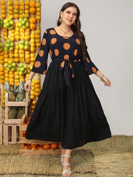 

plus polka dot ruffle hem belted dress p83i#, Black