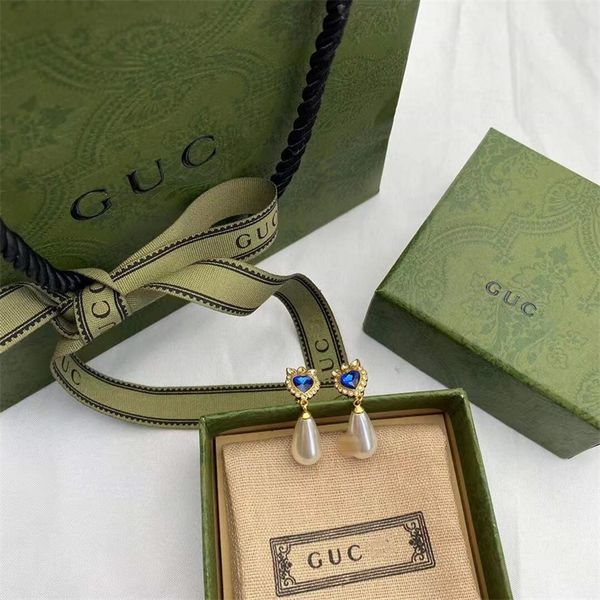 

the new 70% off family gujia new fashion blue inlaid rhinestone letter double tassel pearl earrings, Golden