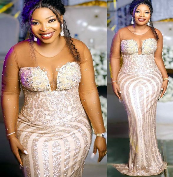 

2022 plus size arabic aso ebi gold mermaid sparkly prom dresses sheer neck evening formal party second reception birthday engagement gowns d, Black