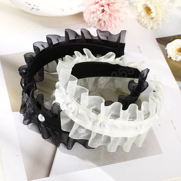 

mesh lace pearl headband hair bands hoop for women summer wide bezel headbands hairband fashion hair accessories headwear, Slivery;white