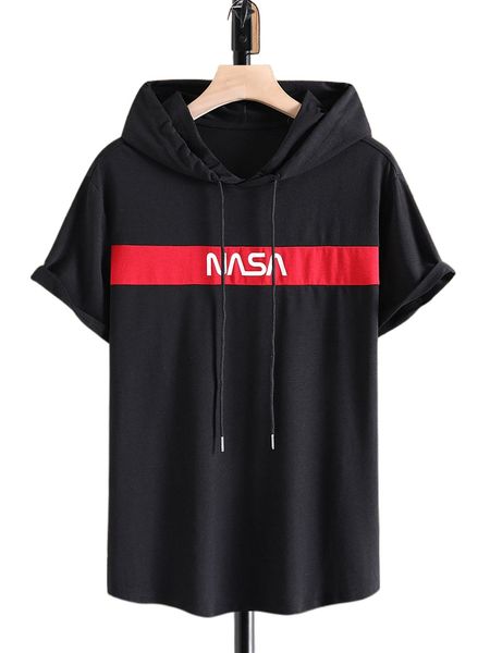 

men letter graphic drawstring hooded tee x2wf#, White;black