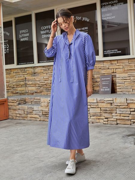 

tie neck striped shirt dress 890v#, Black;gray