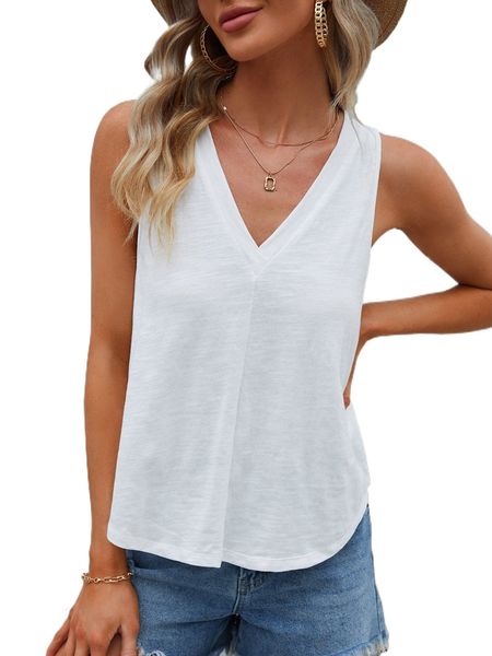 

v neck curved hem tank m3h7#, White