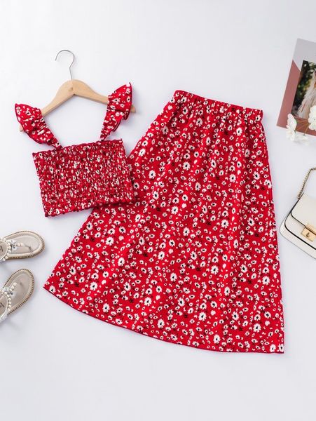 

girls ditsy floral ruffle trim crop shirred with skirt she, White