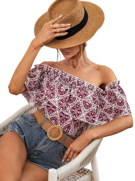 

allover print off-shoulder ruffle blouse r8h9#, White