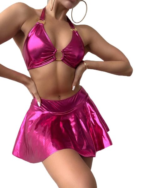 

plain ring linked bikini swimsuit h48d#, White;black