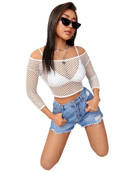 

off shoulder sheer mesh crop without bra f5of#, White