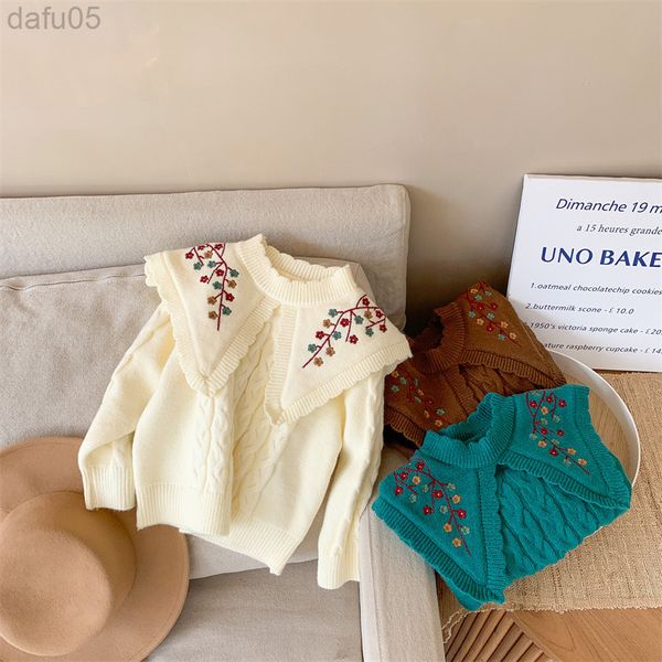 

korean new children sweater girl flower embroidery lapel sweater winter spring new baby girl sweater l220803, Blue