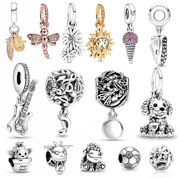 HOT s925 Sterling Silver Branelli allentati Original Fit Pandora Charm Chitarra Musica Calcio Carino Ritaglio Bracciale Accessori Bracciale Donna Gioielli fai da te Regali