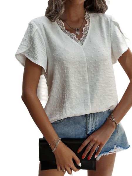 

swiss dot lace trim blouse p7tr#, White