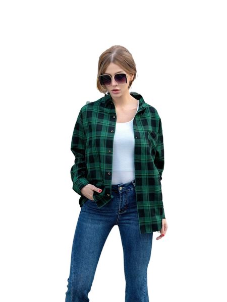 

plaid print pocket front drop shoulder blouse b4ir#, White