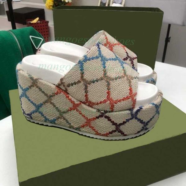 

2022 designer slippers fashion thick bottom sandals letter embroidery slides lady platform wedges sandal beach high heel with box, Black