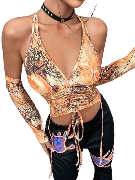 

graphic print drawstring tie backless crop halter with arm sleeves r3w2#, White