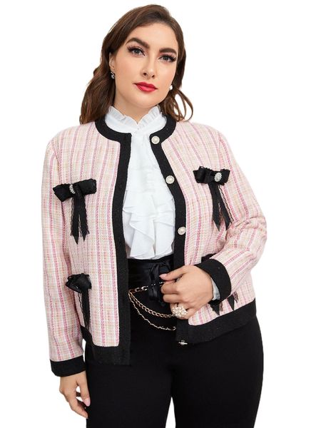 

plus plaid contrast trim bow front wool-mix jacket v8ey#, Black