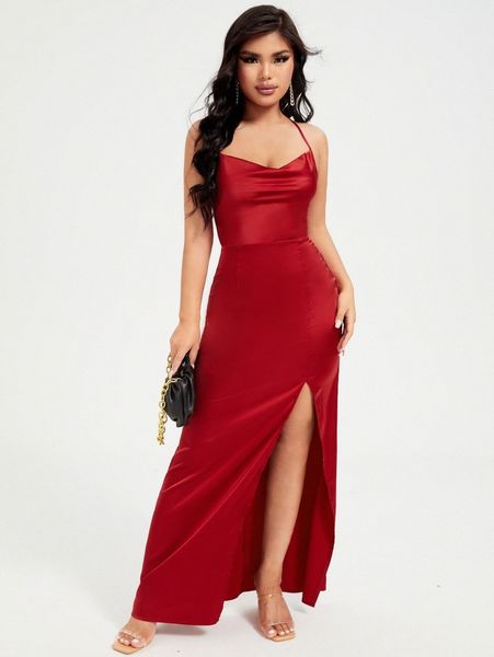 

club crisscross tied backless split thigh dress 30e9#, Black;gray