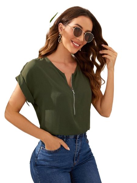 

rolled cuff zip half placket q2qx#, White