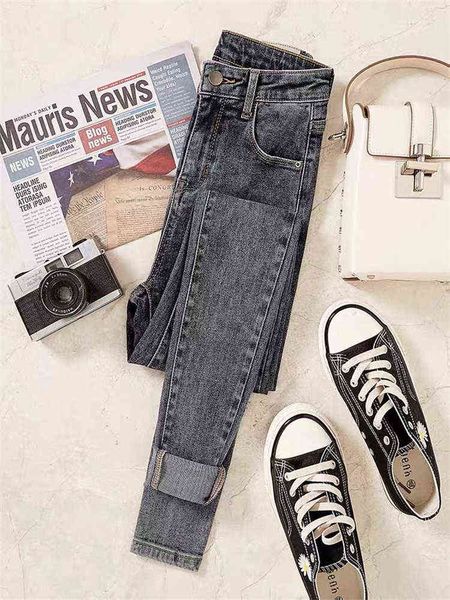 Jeans magros de cintura alta Mulheres e outono Novo simples cinza azul slim fit de nove pontos calças de jeans da moda fêmea l220726