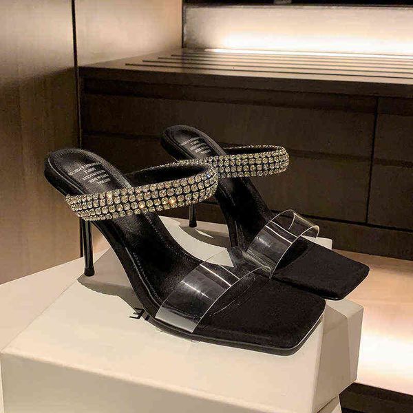 

designer women's high heels casual sandals thin heel one line with 2022 summer net red square head transparent belt black high-heeled s