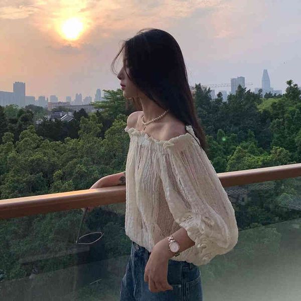 

women's polos off the shoulder off line collar blouse women's white hollow breathable shirt three quarter sleeve lace wood ear edg