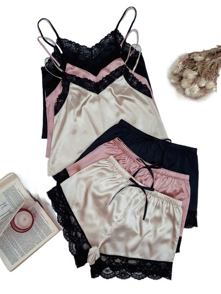 

3sets lace trim cami & shorts night set b8gs#, Black;red