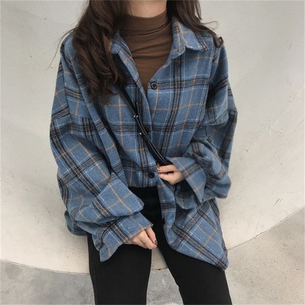 

wholesale casual long sleeve shirt women plaid shirt oversize korean wool shirts winter autumn vintage shirts women female lj200811, Black